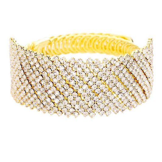 Gold Crystal Rhinestone Adjustable Evening Bracelet, brings a gorgeous glow to your outfit to show off the royalty on any special occasion. It's a perfect beauty that highlights your appearance and grasps everyone's eye on any special occasion. Wear this beauty to add a gorgeous glow to your special outfit at weddings, wedding showers, receptions, anniversaries, and other special occasions. A beautiful gift and an ideal choice for your loved one or yourself to glow on any special day!