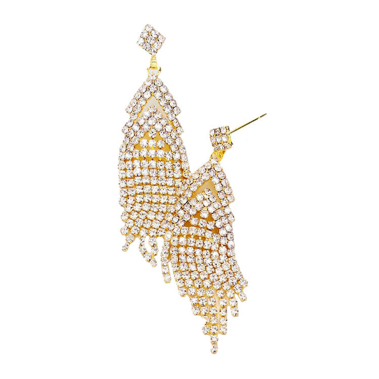 Gold Crystal Rhinestone Drop Evening Earrings, elegance becomes you in these lightweight and playful, shiny glamorous studs, the perfect sparkling accessory to add some sophisticated fun to your next social event. Throw your hair up and show off how artfully these exquisite earrings sway! Perfect gift for Birthday, Anniversary, Christmas, Just Because, Mother's Day Gift or any occasion.