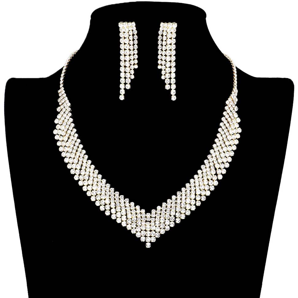 Gold Crystal Rhinestone Pave Necklace, These gorgeous Rhinestone pieces will show your perfect beauty & class on any special occasion. The elegance of these rhinestones goes unmatched. Great for wearing at a party! Perfect for adding just the right amount of glamour and sophistication to important occasions. These classy Rhinestone Pave Jewelry Sets are perfect for parties, Weddings, and Evenings. Awesome gift for birthdays, anniversaries, Valentine’s Day, or any special occasion
