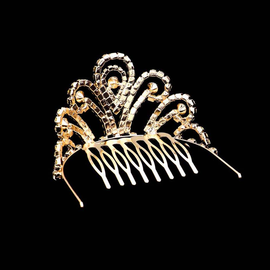 Gold Crystal Rhinestone Pave Princess Mini Tiara, this princess mini tiara is made of rhinestone that amps up your beauty with confidence on any special occasion. Easy wear, sturdy and non-breakable headgear makes it durable. The mini hair accessory is really beautiful, Pretty, and lightweight. It makes You More Eye-catching at events and wherever you go.