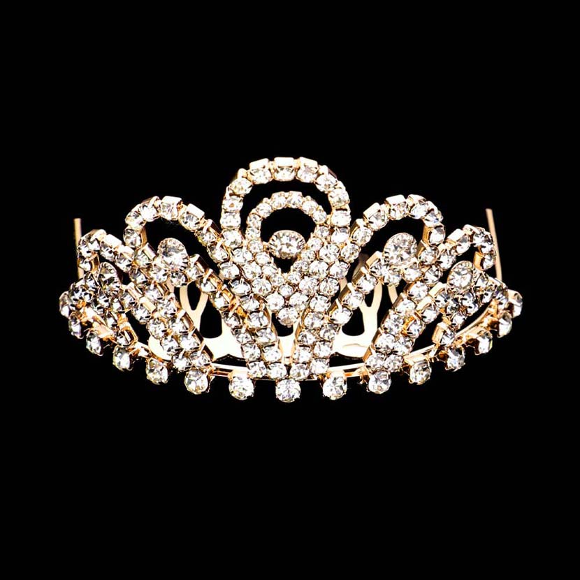 Gold Crystal Rhinestone Pave Princess Mini Tiara, this princess mini tiara is made of rhinestone that amps up your beauty with confidence on any special occasion. Easy wear, sturdy and non-breakable headgear makes it durable. The mini hair accessory is really beautiful, Pretty, and lightweight. It makes You More Eye-catching at events and wherever you go.