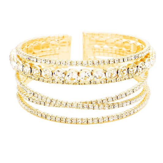 Gold Crystal Round Rhinestone Pave Cuff Bracelet, these rhinestone bracelets can light up any outfit, and make you feel absolutely flawless everywhere and even at any special occasion. Fabulous fashion and crystal round style adds a pop of pretty color to your attire that brings compliments to you. Coordinate with any ensemble from business casual to everyday wear and even special occasion outfits. Add something special to your outfit at any special occasion! 