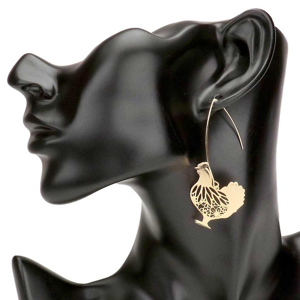 Gold Cut Out Metal Rooster Dangle Long Fish Hook Earrings, This rooster Dangle earring is simple and cute, easy to match any hairstyles and clothes. With a polished finish and lifelike details. our finely crafted jewelry is an unforgettable, unique gift for women. This animal themed earrings is perfect for Holiday gift, Anniversary gift,  Birthday gift, Valentine's Day gift for a woman or girl of any age.