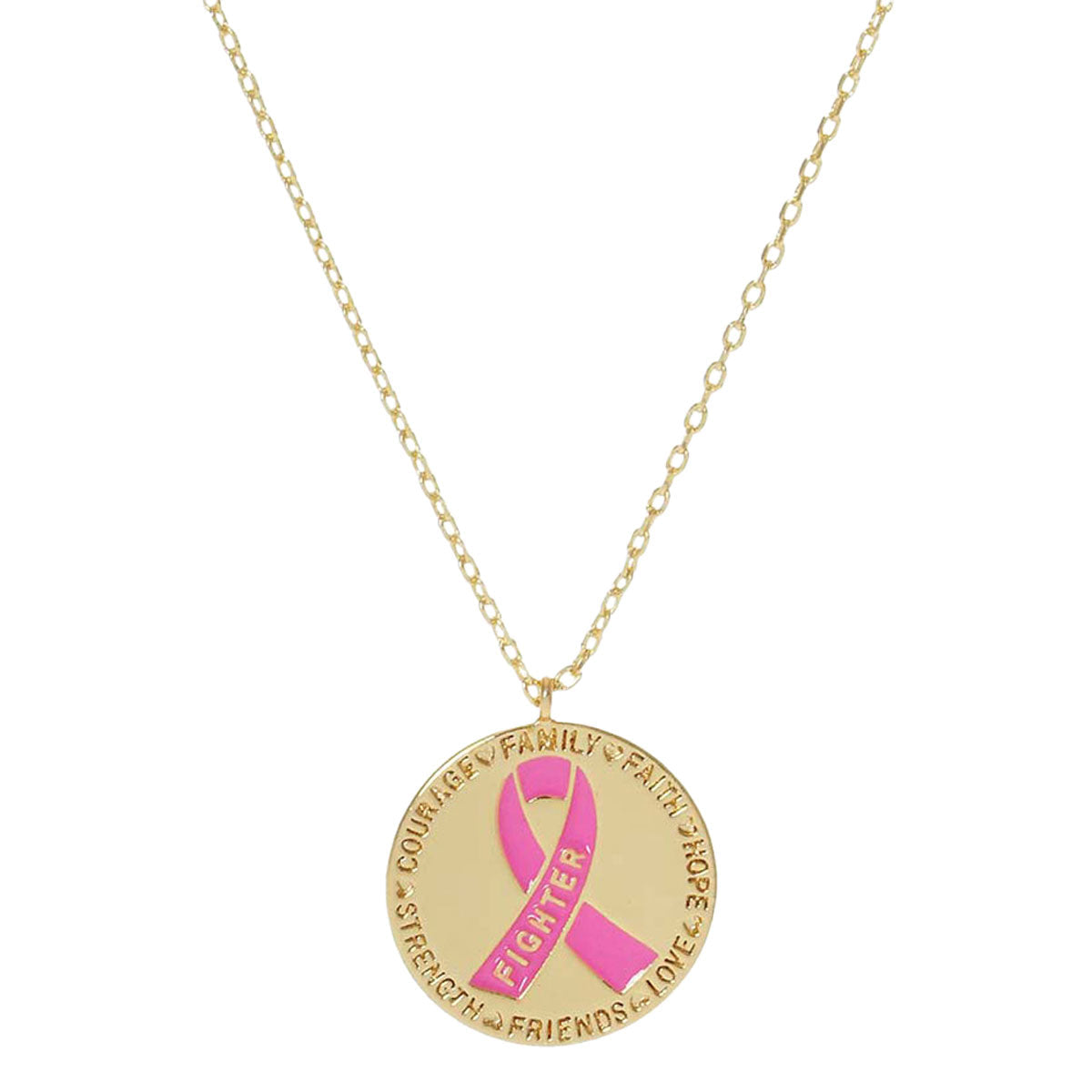 Gold Dipped Enamel Pink Ribbon Accented Metal Disc Pendant Necklace. Beautifully crafted design adds a gorgeous glow to any outfit. Jewelry that fits your lifestyle! Perfect Birthday Gift, Anniversary Gift, Mother's Day Gift, Anniversary Gift, Graduation Gift, Prom Jewelry, Just Because Gift, Thank you Gift.