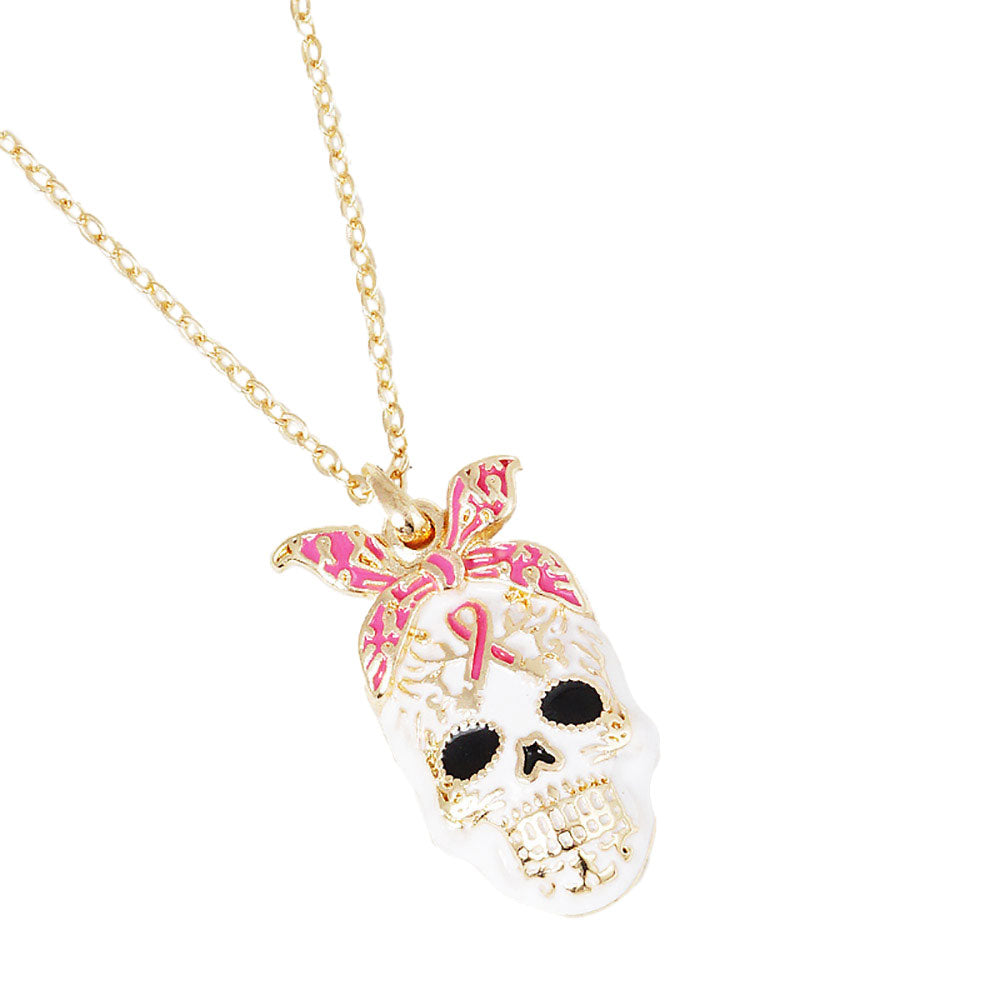 Gold Dipped Enamel Pink Ribbon Skull Pendant Necklace. Beautifully crafted design adds a gorgeous glow to any outfit. Jewelry that fits your lifestyle! Perfect Birthday Gift, Anniversary Gift, Mother's Day Gift, Anniversary Gift, Graduation Gift, Prom Jewelry, Just Because Gift, Thank you Gift.