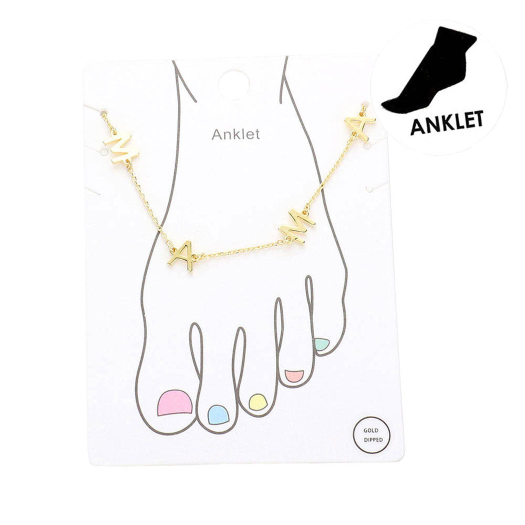 Gold Dipped Mama Metal Charm Message Anklet adds a sweet finishing touch making it the ultimate accessory for bare legs and beach days. Pack it for your next getaway and pair it with sandals, heels and more. Birthday gift, Regalo Navidad, Mothers Day Gift, regalo Dia de la Madre, Anniversary Gift, Thank you gift