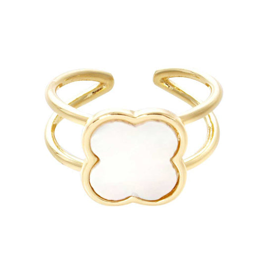 Gold Dipped Mother of Pearl Quatrefoil Ring,  Beautifully crafted design adds a gorgeous glow to any outfit. Jewelry that fits your lifestyle! Perfect Birthday Gift, Anniversary Gift, Mother's Day Gift, Anniversary Gift, Valentine's Day Gift, Graduation Gift, Prom Jewelry, Just Because Gift, Thank you Gift.