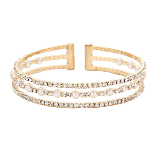 Gold Elegant Pearl Accented Rhinestone Wedding Cuff Bracelet Evening Bracelet Special Occasion. Rows of dazzling rhinestones & Pearls & an open end for easy flexible fit. Get cuffed with glitz & glam in this sparkling crystal cuff! Perfect gift for your loved one. Weddings, Prom, Sweet 16, Quinceanera, Graduation, Holiday Parties