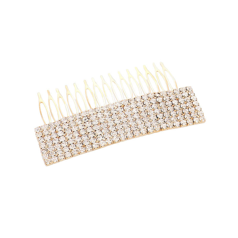 Gold Embellished Rhinestone Pave Hair Comb, amps up your hairstyle with a glamorous look as you are with this Rhinestone Pave hair comb! Add spectacular sparkle into your hair that brightens your moments with joy. Perfect for adding just the right amount of shimmer & shine. It will add a touch of class, beauty, and style to your wedding, prom, and special events. It is made of embellished stone to keep your hair sparkling all day & all night long with the perfect gorgeousness.