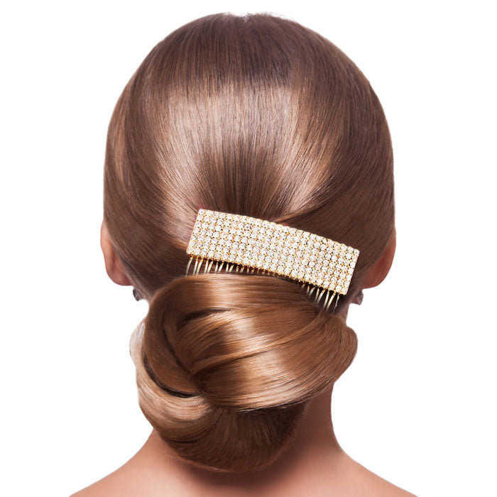 Gold Embellished Rhinestone Pave Hair Comb, amps up your hairstyle with a glamorous look as you are with this Rhinestone Pave hair comb! Add spectacular sparkle into your hair that brightens your moments with joy. Perfect for adding just the right amount of shimmer & shine. It will add a touch of class, beauty, and style to your wedding, prom, and special events. It is made of embellished stone to keep your hair sparkling all day & all night long with the perfect gorgeousness.