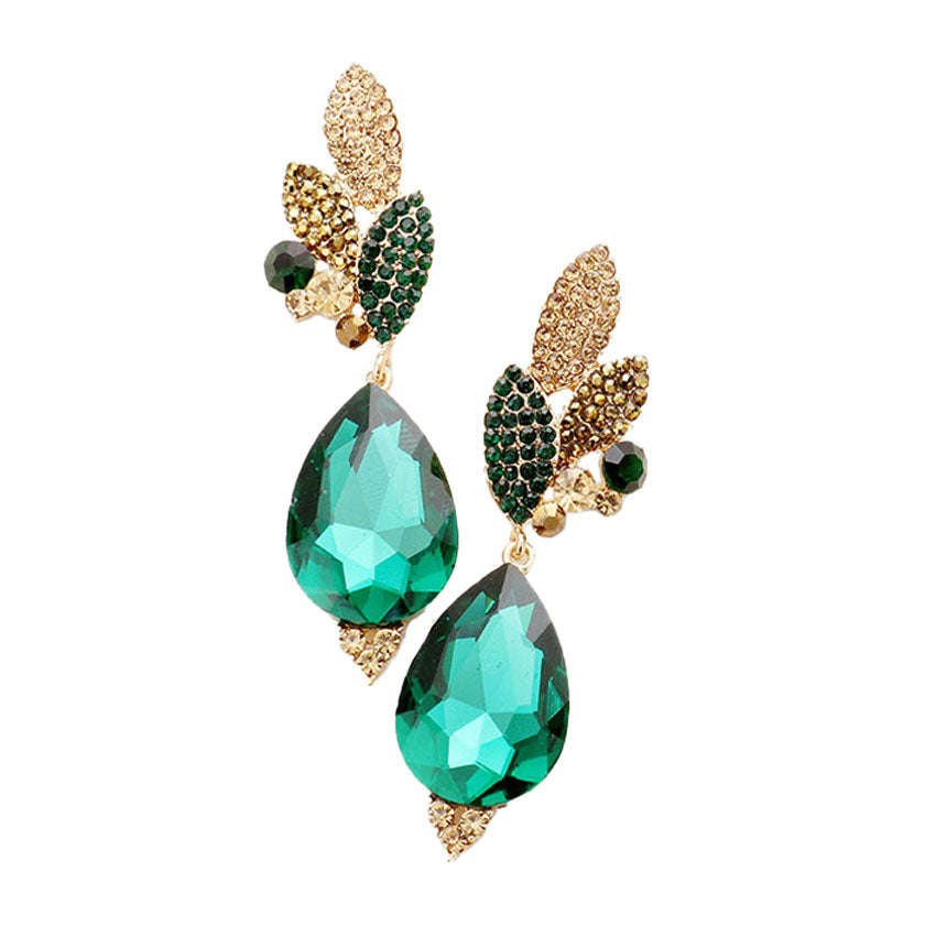 Gold Emerald Crystal Rhinestone Pave Leaf Teardrop Evening Earrings. Add a pop of color to your ensemble, just the right amount of shimmer & shine, touch of class, beauty and style to any special events. Perfect Birthday Gift, Anniversary Gift, Mother's Day Gift, Graduation Gift.