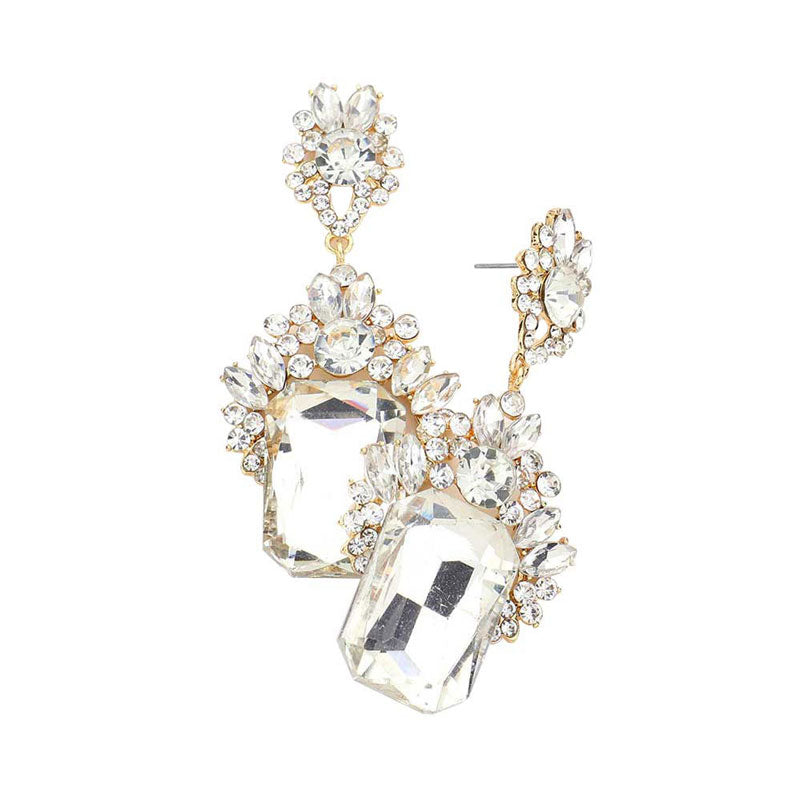 Gold Emerald Cut Stone Accented Evening Earrings, These gorgeous Stone pieces will show your class in any special occasion. The elegance of these evening earrings goes unmatched. the perfect sparkling accessory to add some sophisticated fun to your outfit. Suitable for wear Party, Wedding, Date Night or any special events. Perfect gift for Birthday gift, Anniversary gift, Thank you Gift, Valentine‚Äôs Day or any special occasion.