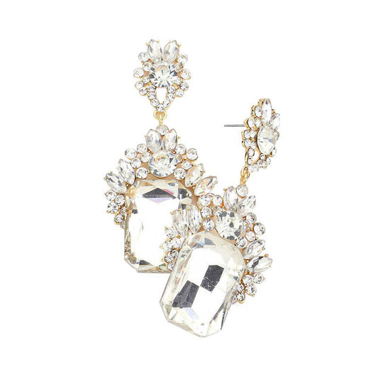 Gold Emerald Cut Stone Accented Evening Earrings, These gorgeous Stone pieces will show your class in any special occasion. The elegance of these evening earrings goes unmatched. the perfect sparkling accessory to add some sophisticated fun to your outfit. Suitable for wear Party, Wedding, Date Night or any special events. Perfect gift for Birthday gift, Anniversary gift, Thank you Gift, Valentine‚Äôs Day or any special occasion.