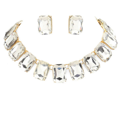 Gold Emerald Cut Stone Link Evening Necklace, This gorgeous necklace jewelry set will show your class on any special occasion. The elegance of these stones goes unmatched, great for wearing at a party! stunning jewelry set will sparkle all night long making you shine like a diamond on special occasions. Perfect jewelry to enhance your look and for wearing at parties, weddings, date nights, or any special event. 