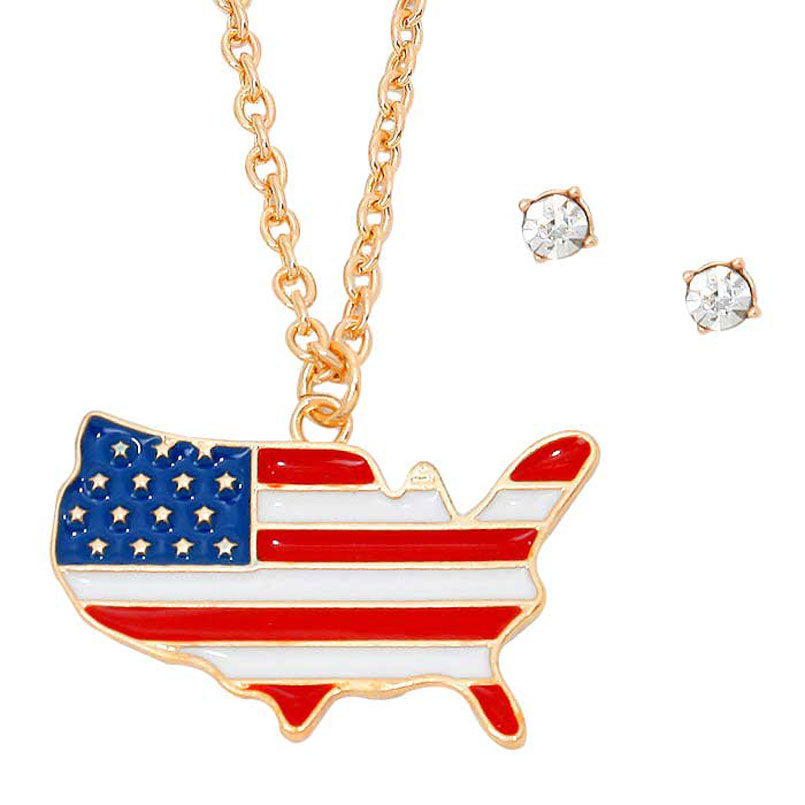 Gold Enamel American flag America map pendant necklace. show your love for our country with this cute patriotic fun flip-flop American Map necklace.Show your love for our country with this sweet patriotic USA flag style American map necklace.  Featuring a bit of fashionable fireworks flair in our nations colors. Great for Election Day, National Holidays, Flag Day, 4th of July, Memorial Day, Labor Day.