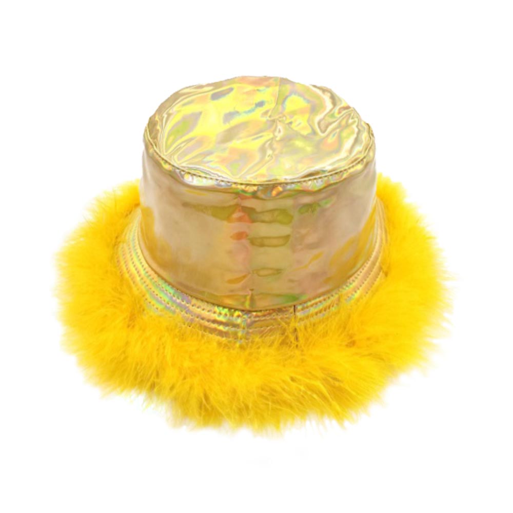 Gold Faux Fur Trimmed Hologram Bucket Hat, From daily life to holidays, this super stylish bucket hat's cozy fabric will keep you looking great and feeling warm. It's elegant, comfortable, and fashionable. This trimmed bucket hat is to be a great Christmas gift for women, ladies, and girls. A wide range of colors lets you choose your favorite one or you can pick several colors to go with your clothes! Suitable for winter, spring, and autumn.