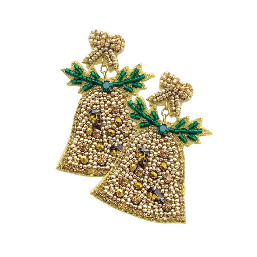 Gold Felt Back Beaded Christmas Bell Dangle Earrings. Get into the Christmas spirit with our gorgeous handcrafted Christmas earrings, they will dangle on your earlobes & bring a smile to those who look at you. Perfect Gift for Birthdays, Christmas, Stocking Stuffers, Secret Santa, BFF, etc.