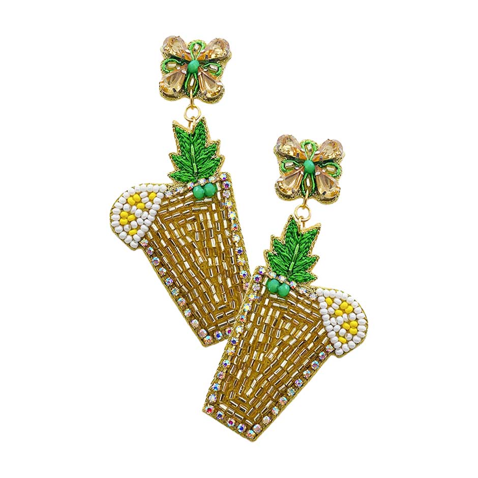 Gold Felt Back Embroidery Leaf Beaded Lemon Cocktail Earrings, enhance your attire with these beautiful Earrings to show off your fun trendsetting style. These Earrings will garner compliments all day long. These are Perfect gifts for birthdays, Mother’s Day, anniversaries, holidays, Christmas, Parties, and occasions.