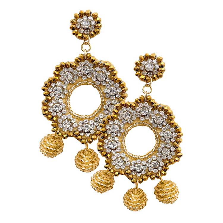 Gold Felt Back Stone Embellished Beaded Ball Link Dangle Earring, versatile enough for wearing straight through the week, perfectly lightweight for all-day wear, coordinate with any ensemble from business casual to everyday wear, the perfect addition to every outfit. Adds a touch of nature-inspired beauty to your look. Wear this earring to a wedding, an engagement, a prom, or any other occasion where you wish to appear more charming.