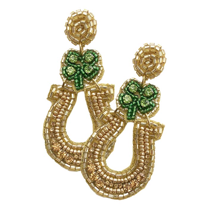 Gold Felt Back Stone Seed Beaded Clover Horseshoe Dangle Earrings, These Clover Horseshoe dangle earrings will be the highlight of any outfit and add a touch of whimsy to your costume jewelry collection! Get into the holiday spirit with our gorgeous handcrafted earrings. Bright designs with colors and patterns will be the perfect and trendy choice for your special events. Delicate in appearance, suitable for any occasions and it makes you eye-catching. Ideal gift for your loved ones.