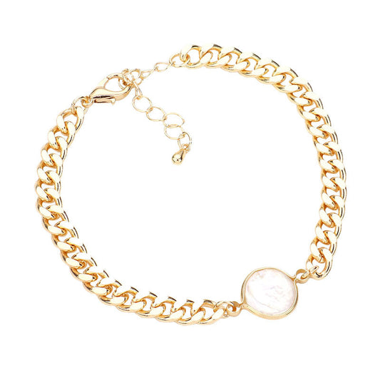 Gold Freshwater Pearl Accented Metal Chain Link Bracelet. The metal chain bracelet adds a sophisticated glow to any outfit. Stylish evening bracelet that is easy to put on, take off and comfortable to wear. These pearl themed bracelet perfect jewelry gift to expand a woman's fashion wardrobe with a classic, timeless style. Awesome gift for birthday, Anniversary, Valentine’s Day or any special occasion.