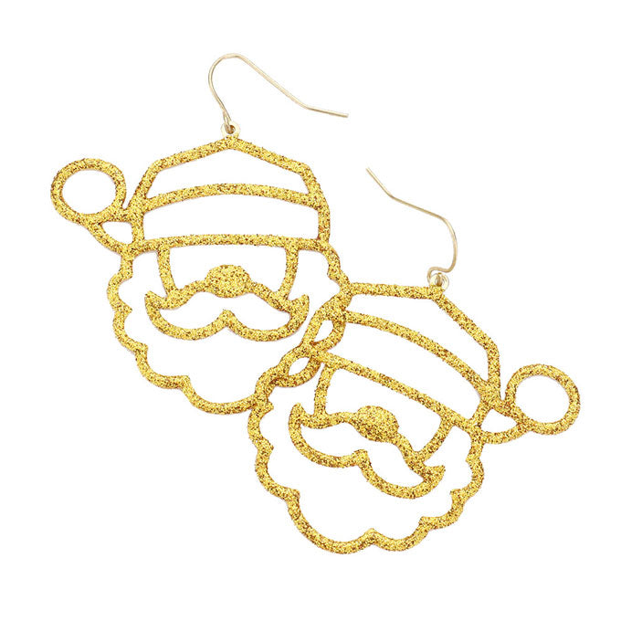 Gold Glitter Santa Claus Dangle Earrings; get into the Christmas spirit with our gorgeous handcrafted Christmas earrings, they will dangle on your earlobes & bring a smile to those who look at you. Perfect Gift December Birthdays, Christmas, Stocking Stuffers, Secret Santa, BFF, etc.