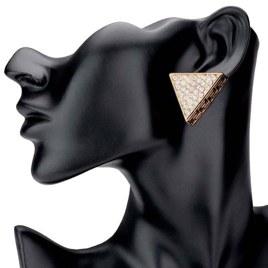 Gold Greek Pattern Detailed Rhinestone Embellished Triangle Earrings. Beautifully crafted Triangle design adds a gorgeous glow to any outfit. Jewelry that fits your lifestyle! This Triangle Earring for women are perfect for any occasion. Perfect Birthday Gift, Anniversary Gift, Mother's Day Gift, Anniversary Gift, Graduation Gift, Prom Jewelry, Just Because Gift, Thank you Gift.