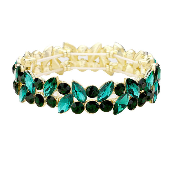 Gold Green Glass Crystal Marquise Stone Cluster Stretch Bracelet, Get ready with these Rhinestone Coil Bracelet, put on a pop of color to complete your ensemble. Perfect for adding just the right amount of shimmer & shine and a touch of class to special events. Perfect Birthday Gift, Anniversary Gift, Mother's Day Gift.