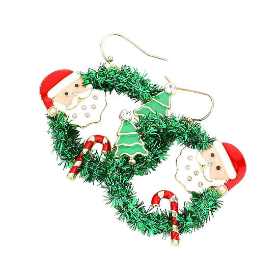 Gold Green Multi Santa Clause Candy Christmas Tree Wreath Dangle Earrings, elegance and cuteness becomes you in these lightweight and playful, shiny glamorous Christmas tree earrings, get into the Christmas spirit with these gorgeous handcrafted Christmas tree earrings, they will dangle on your earlobes & bring a smile to those who look at you. Perfect Gift December Birthdays, Christmas, Stocking Stuffers, Secret Santa, BFF, etc. 