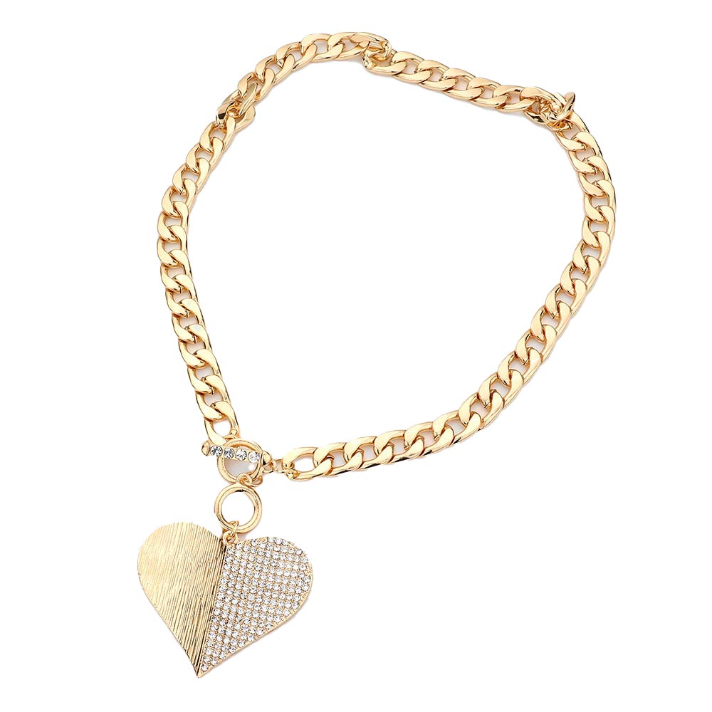 Gold Half Rhinestone Pave Heart Pendant Toggle Necklace, bring an awesome look to your outfit with perfect luxe at any special occasion. This beautiful Rhinestone necklace is the ultimate representation of your class and beauty. Put on a pop of color to complete your ensemble in a gorgeous way. Absolutely an excellent gift for your friends, family, and the persons you love and care about the most. Stay luxurious!