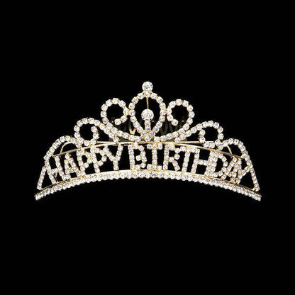 Gold Happy Birthday Rhinestone Party Tiara. Turn any cake into a royal treat for your daughter's princess themed birthday party with this Tiara. Ideal for dolling up the guest of honor on her special day, this party tiara also makes a fun cake decoration. Add it to a gift for the birthday girl or lay it at her place setting to be donned right before she blows out the candles on her birthday cake.