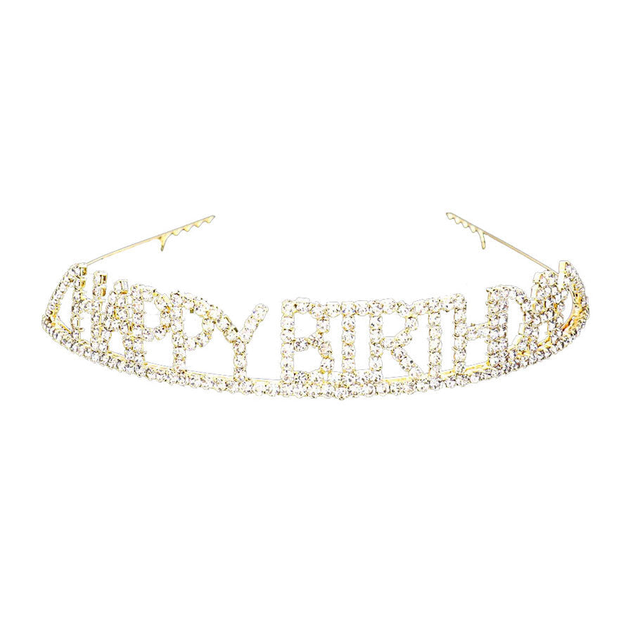 Gold Happy Birthday Rhinestone Pave Party Tiara. Turn any cake into a royal treat for your daughter's princess themed birthday party with this Tiara. Ideal for dolling up the guest of honor on her special day, this party tiara also makes a fun cake decoration. Add it to a gift for the birthday girl or lay it at her place setting to be donned right before she blows out the candles on her birthday cake.