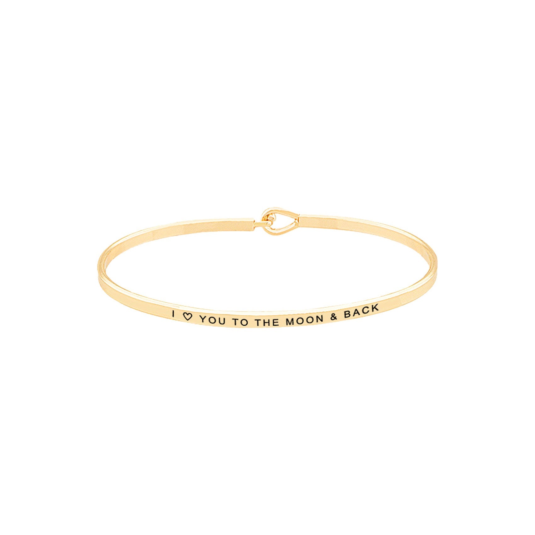 Gold I Love You to the Moon & Back Brass Thin Metal Hook Bracelet. Look like the ultimate fashionista with these Bracelet! Add something special to your outfit this Valentine! special It will be your new favorite accessory. Perfect Birthday Gift, Anniversary Gift, Mother's Day Gift, Graduation Gift, Valentine's Day Gift.