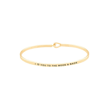 Gold I Love You to the Moon & Back Brass Thin Metal Hook Bracelet. Look like the ultimate fashionista with these Bracelet! Add something special to your outfit this Valentine! special It will be your new favorite accessory. Perfect Birthday Gift, Anniversary Gift, Mother's Day Gift, Graduation Gift, Valentine's Day Gift.