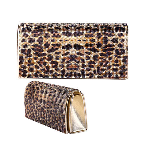 Gold Leopard Patterned Bling Evening Clutch Crossbody Bag. Be the ultimate fashionista carrying this trendy crossbody clutch bag! great for when you need something small to carry or drop in your bag. perfect for the festive season, embrace the animal themed spirit with these bag, these pretty  gift Crossbody Bags are sure to bring a smile to your face.