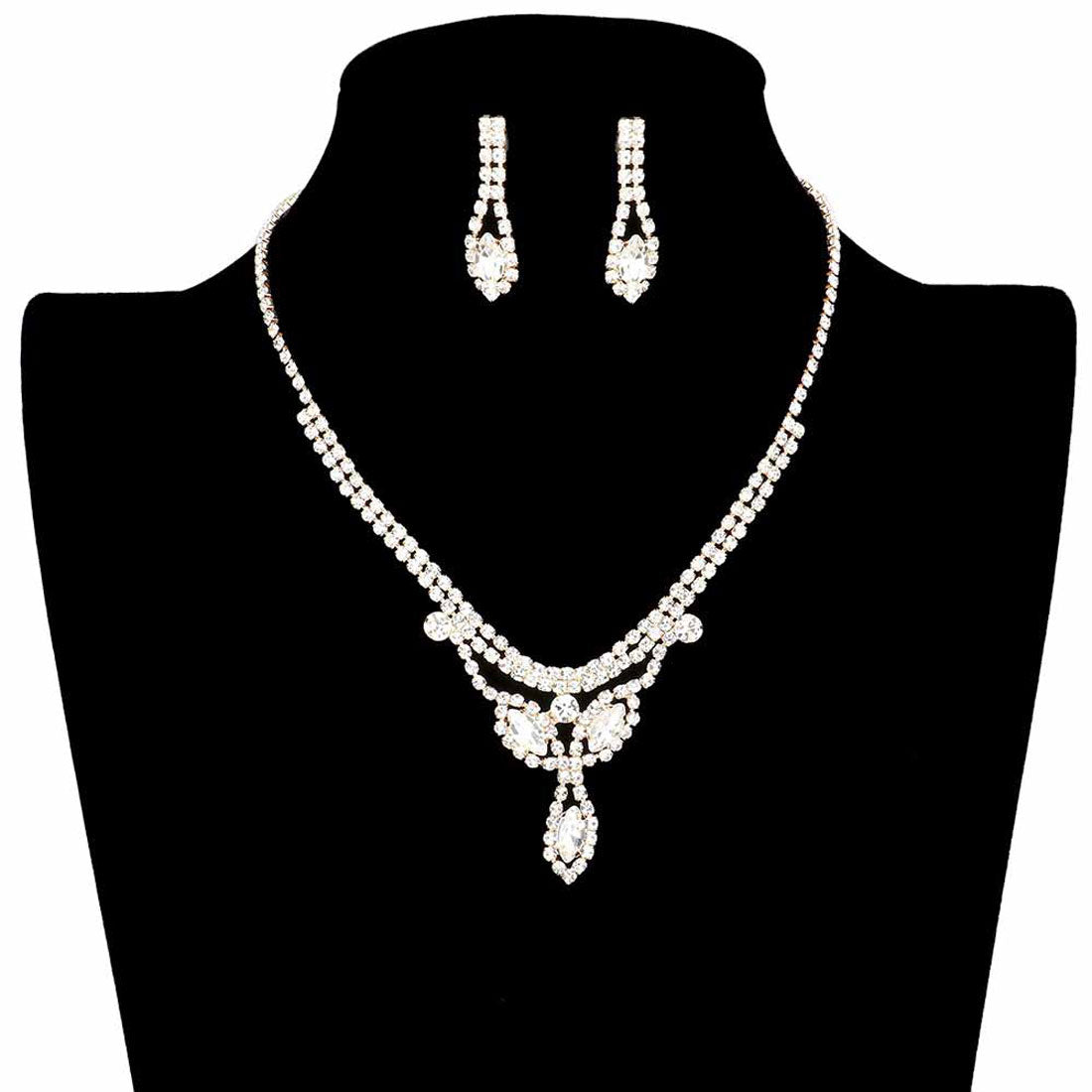 Gold Marquise Stone Accented Rhinestone Pave Necklace. Wear together or separate according to your event with different outfits to add perfect luxe and class with incomparable beauty. The perfect accessory for adding just the right amount of shimmer and a touch of class to special events. These classy necklace sets are perfect for Party, Wedding, Evening, and even everyday wear. Awesome gift for birthday, Anniversary, Valentine’s Day, or any special occasion.