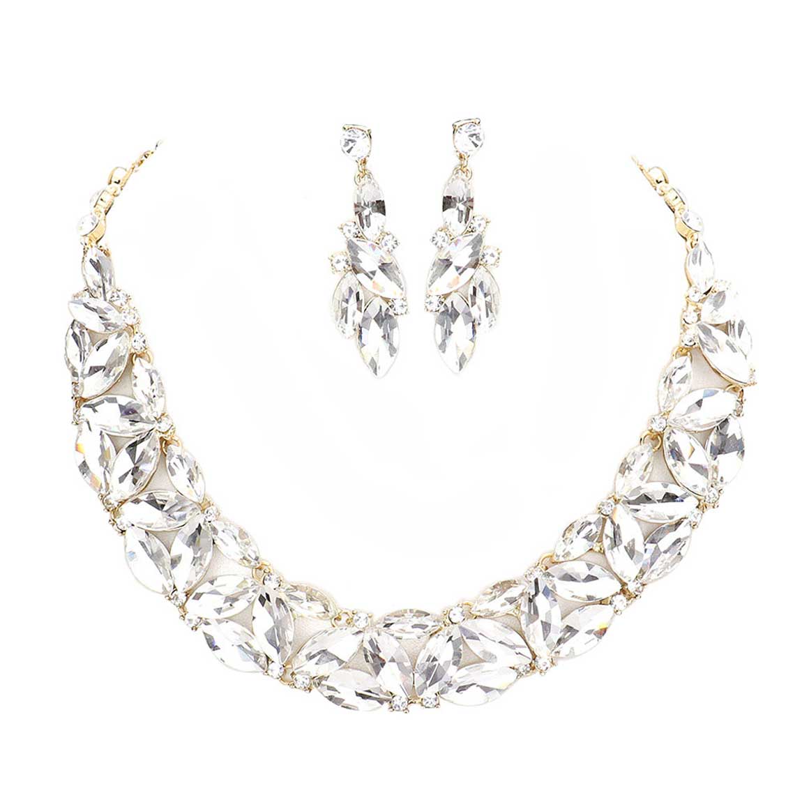 Gold Marquise Stone Cluster Evening Necklace. These gorgeous stone pieces will show your class in any special occasion. The elegance of these stone goes unmatched, great for wearing at a party! Perfect jewelry to enhance your look. Awesome gift for birthday, Anniversary, Valentine’s Day or any special occasion.