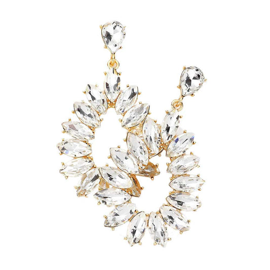 Gold Marquise Stone Cluster Open Teardrop Dangle Evening Earring, Look like the ultimate fashionista with these Earrings! Add something special to your outfit! Ideal for parties, weddings, graduation, prom, holidays, pair these studs back earrings with any ensemble for a polished look. These earrings pair perfectly with any ensemble from business casual, to night out on the town or a black-tie party.