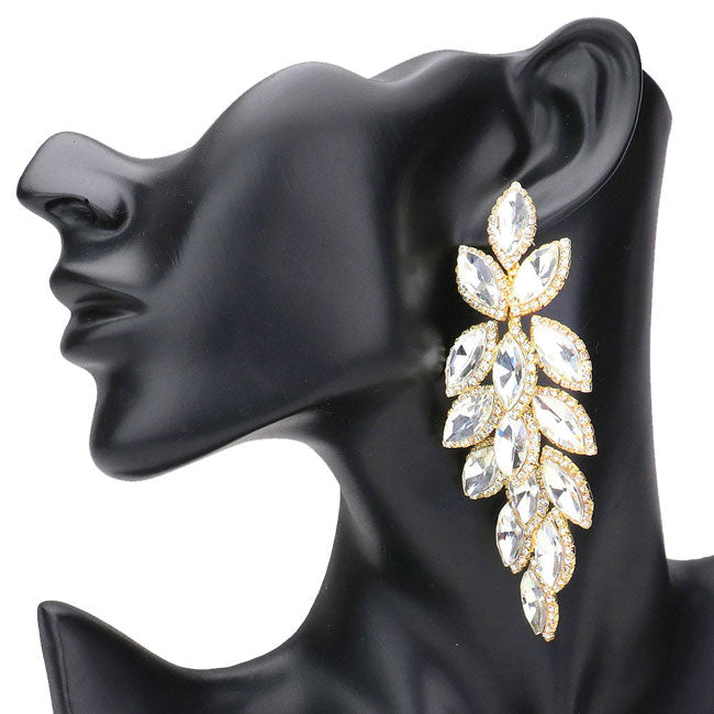 Gold Marquise Stone Cluster Vine Dangle Evening Earrings. Look like the ultimate fashionista with these Earrings! Add something special to your outfit! Ideal for parties, weddings, graduation, prom, holidays, pair these studs back earrings with any ensemble for a polished look. These earrings pair perfectly with any ensemble from business casual, to night out on the town or a black-tie party.