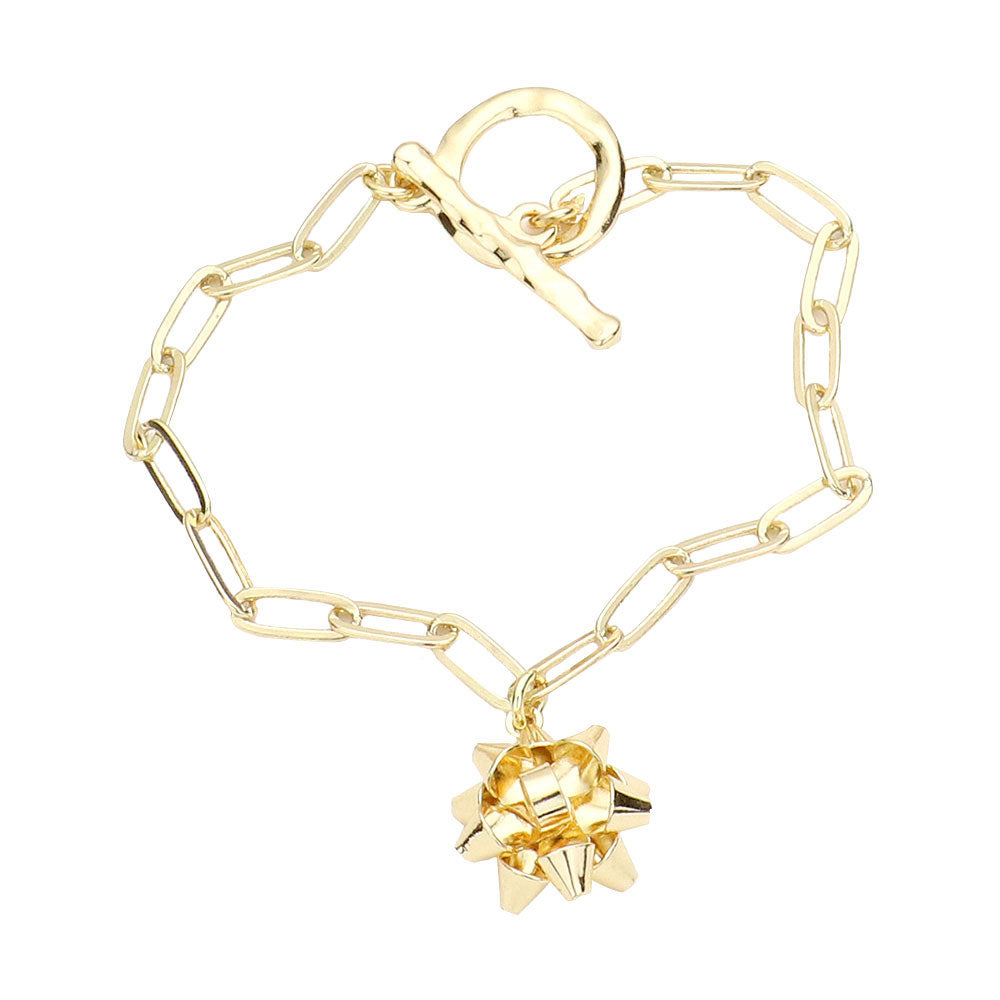 Gold Metal Christmas Bow Charm Toggle Bracelet, Get ready with these Magnetic Bracelet, put on a pop of color to complete your ensemble. Perfect for adding just the right amount of shimmer & shine and a touch of class to special events. Perfect Birthday Gift, Anniversary Gift, Mother's Day Gift, Graduation Gift.