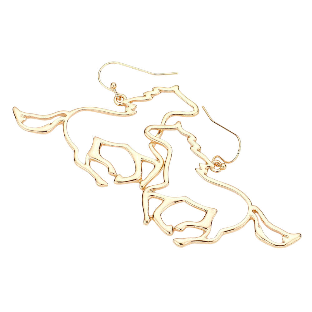 Gold Metal Cut Out Horse Dangle Earrings, are beautifully designed Horse Earrings that dangle on your earlobes with a perfect glow to make you stand out and show your unique and beautiful look everywhere. These are Perfect gifts for weddings, Mother’s Day, anniversaries, holidays, Valentine’s Day, or any occasion.