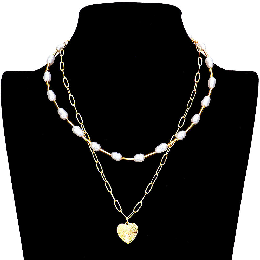 Gold Metal Heart Pendant Freshwater Pearl Double Layered Necklace, is an eye-catchy & beautiful accessory for any occasion. These modern & cool-designed earrings feature everything from casual to sophisticated looks. Perfect jewelry that fits your lifestyle & makes you stand out! It will be your new favorite accessory to amp up your confidence and complete your outfits. Coordinate with any ensemble from business casual to wear.