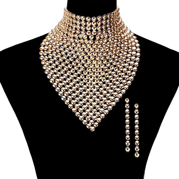 Gold Metal Studded Bib Necklace, dare to dazzle with this bejeweled necklace set, designed to accent the neckline, including dangle earrings, which are a perfect way to add sparkle to everything, showing off your elegance. Wear together or separate according to your event. Perfect Gift, Birthday, Anniversary, Prom, Mother's Day Gift, Sweet 16, Wedding, Quinceanera. 