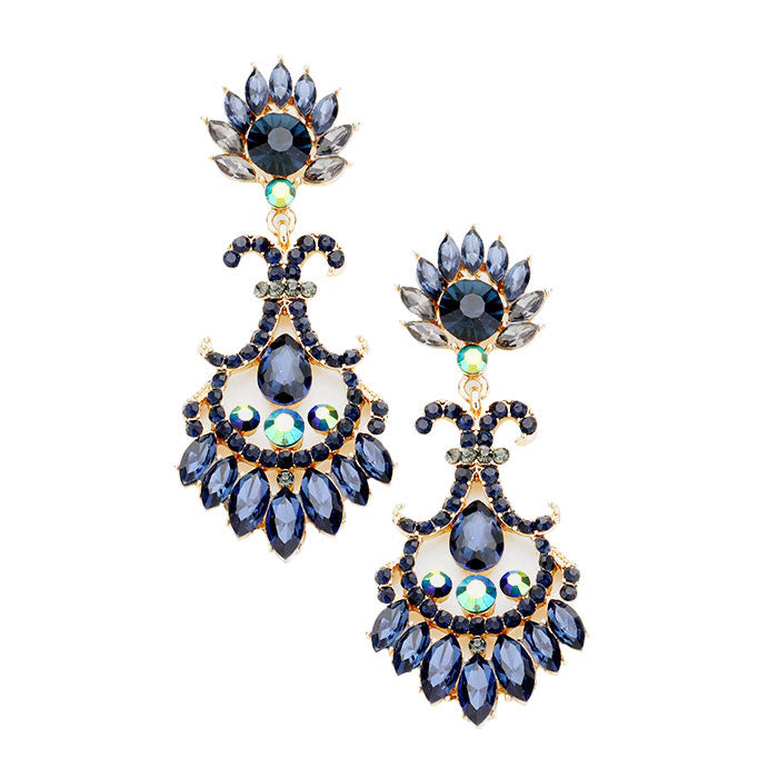 Gold Montana Blue Glass Crystal Flame Statement Evening Earrings, put on a pop of color to complete your ensemble. Perfect for adding just the right amount of shimmer & shine and a touch of class to special events. Perfect Birthday Gift, Anniversary Gift, Mother's Day Gift, Graduation Gift.