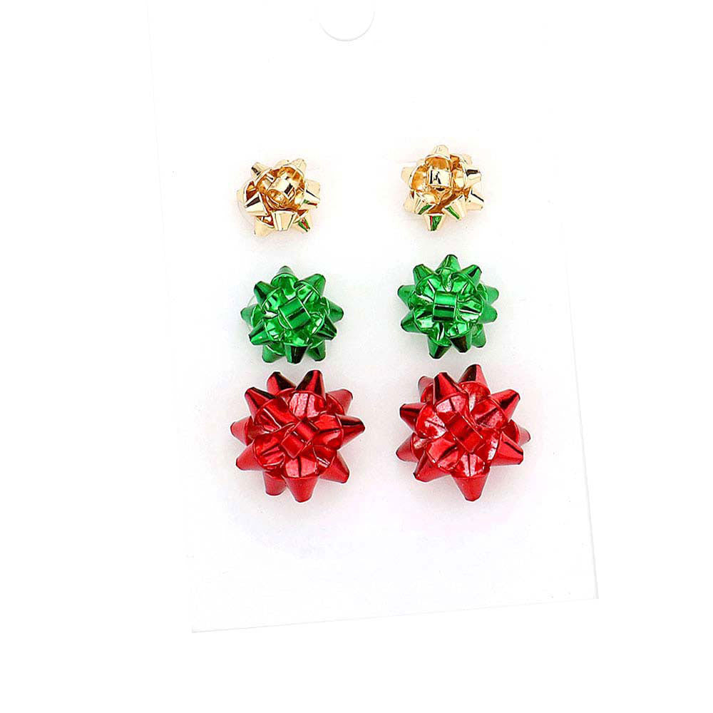 Gold Multi 3Pairs Christmas Bow Stud Earrings, wear over your favorite tops and dresses this season! A timeless treasure designed to add a gorgeous stylish glow to any outfit style. Perfect for adding just the right amount of shimmer & shine and a touch of class to special events. This piece is versatile and goes with practically anything! Fabulous Christmas Gift, Birthday Gift, Mother's Day, Loved one or Just Because!