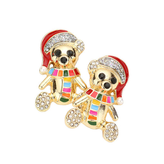Gold Multi Enamel Santa Bear Stone Embellished Earrings. Looking for some cute and fun earrings for Christmas! You'll love these fun santa bear earrings. These cute Christmas earrings will decorate your Christmas costumes or outfits. They will make them more exciting and eye-catching! These animal themed earrings can be used in Christmas, New Year parties and other joyous occasions. Awesome gift idea to give someone who loves the magic of Christmas.