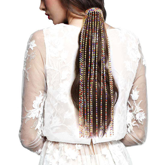 Gold Multi Fashionable Rhinestone Fringe Barrette. Accent your hairstyle with the sparkling look of this chic bow barrette. It is a great accessory to embellish a Brides Hairstyle, bridesmaid’s hair, to add a touch of stylishness when wearing a Sunday dress, to enhance the look of a pageant outfit, or to stand out as the birthday girl. Prom, Graduation, Sweet 16.