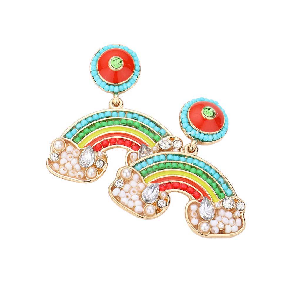Gold Multi Pearl Seed Bead Embellished Rainbow Dangle Earrings. These gorgeous pearl pieces will show your class in any special occasion. The elegance of these pearl goes unmatched, great for wearing at a party! Perfect jewelry to enhance your look. Awesome gift for birthday, Anniversary, Valentine’s Day or any special occasion.