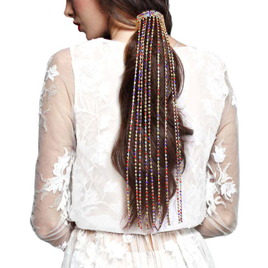 Gold Multi Rhinestone Fringe Barrette. Accent your hairstyle with the fashionable flirty look of this chic bow barrette. It is a great accessory to embellish a bridesmaid’s hair, to add a touch of stylishness when wearing a Sunday dress, to enhance the look of a pageant outfit, or to stand out as the birthday girl.
