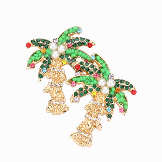 Gold Multi Stone Embellished Christmas Light Wrapped Palm Tree Earrings, Christmas palm tree earrings jewelry will decorated your Christmas costumes, making you more striking and eye catching! Let the festive season begin! Merry Chritsmas! Perfect for Valentine’s Day, bachelorette party, Beach Party, Vacation Earrings, Party Earrings, Party Favors to glam up your party outfit.